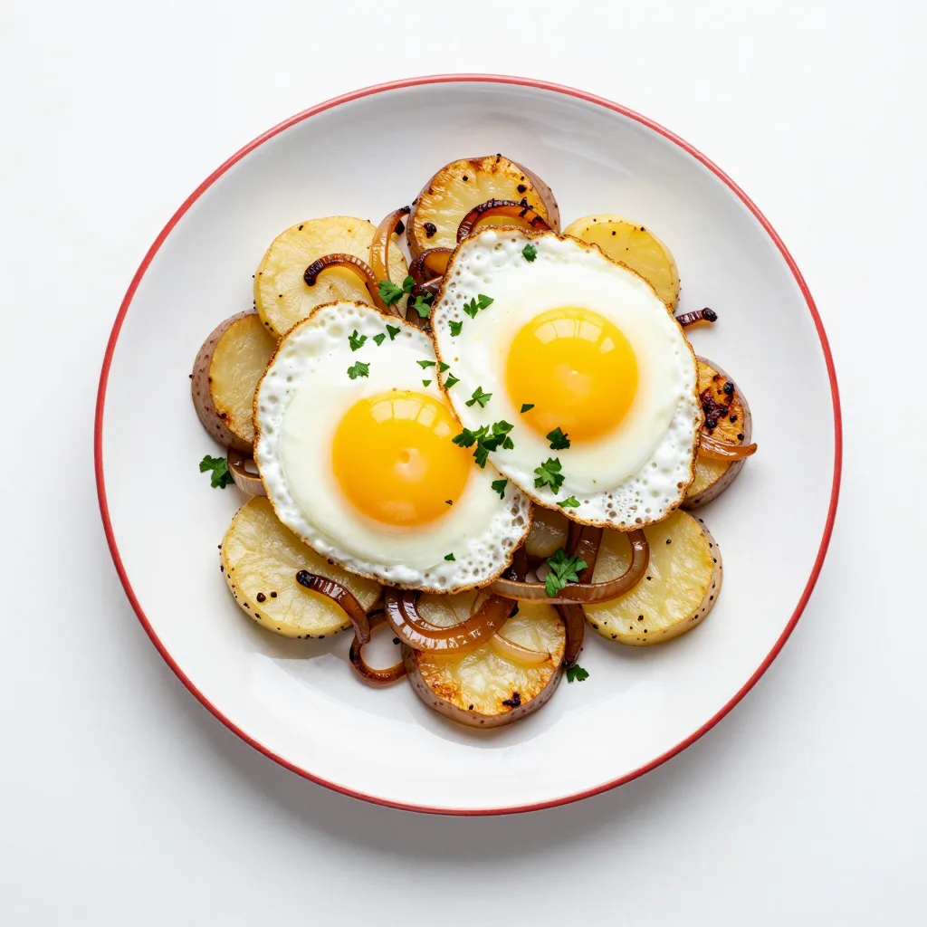 Spiegelei auf Bratkartoffeln mit Zwiebeln